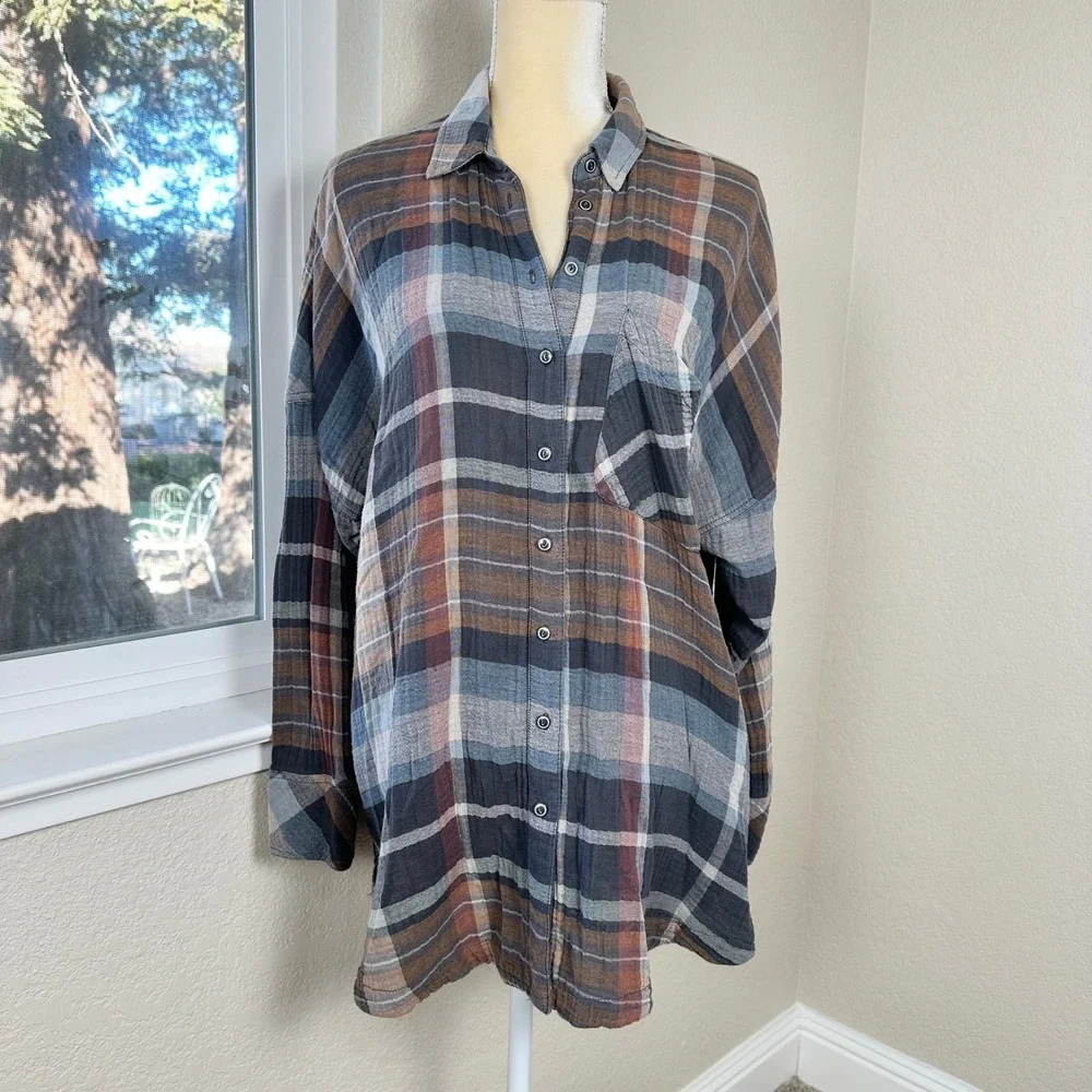 Free People Year Round Button Down Shirt M Plaid Soft Gauze Earthy Boho Festival
